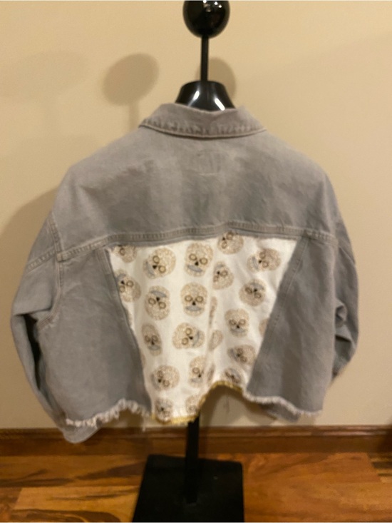 Jackets & Blazers - Grey Cropped Denim Jacket with Skull Print Back Panel